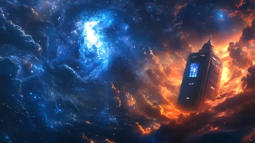 Police box spacecraft traverses nebula with high-contrast lighting
