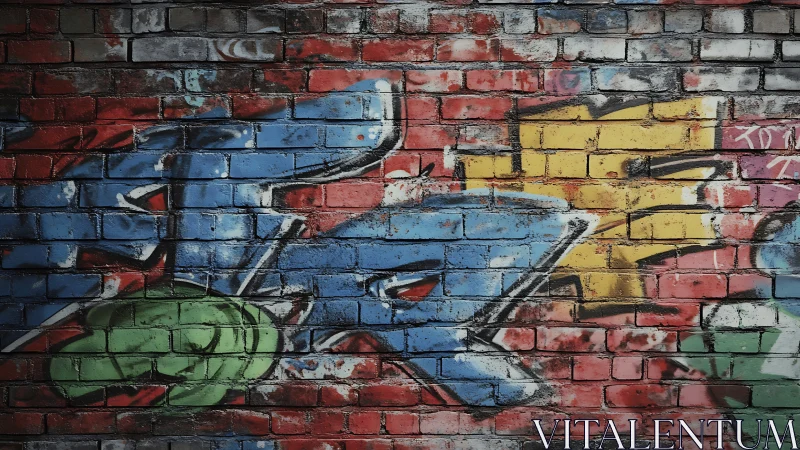 Bold street graffiti on worn brick wall with vivid color blocks.