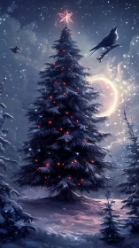 Snow-laden fir tree with red LEDs under crescent moonlit sky