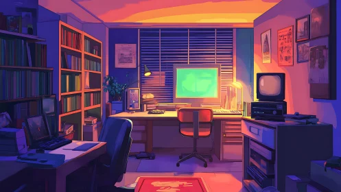 Retro workstation in neon dusk-lit, book-lined home office