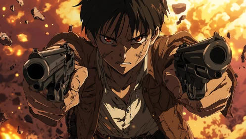 Anime gunfighter advances through fiery explosion with dual pistols