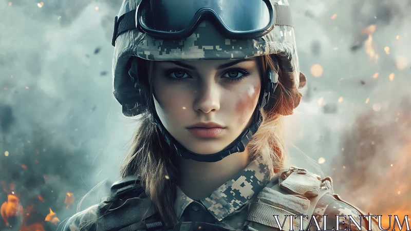 Female soldier portrait in digital camo amid explosions.