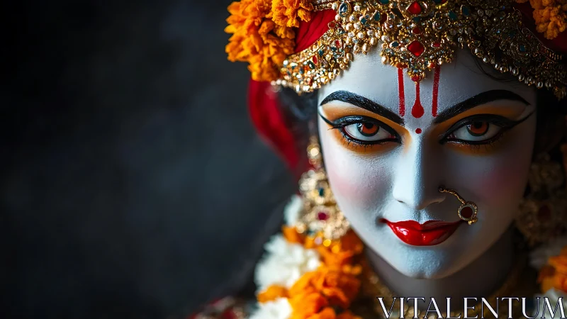 Detailed deity sculpture with vivid makeup and jewelry.