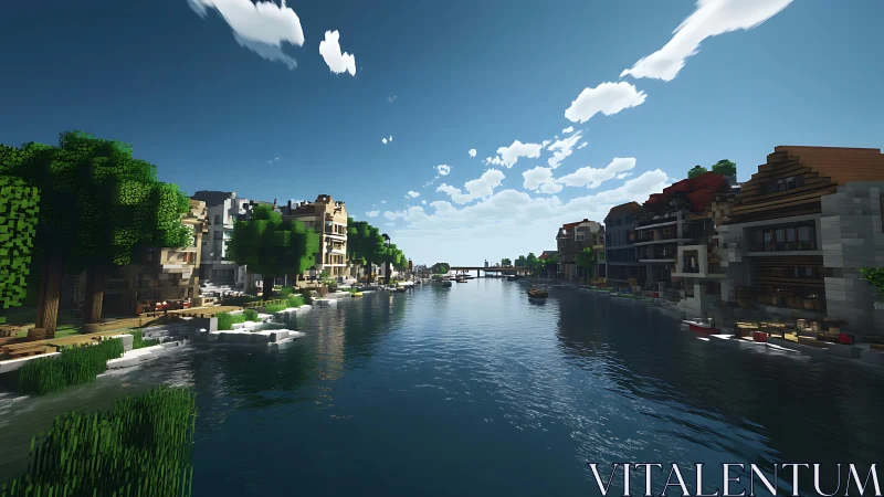 Voxel waterfront town with river, trees and low buildings.