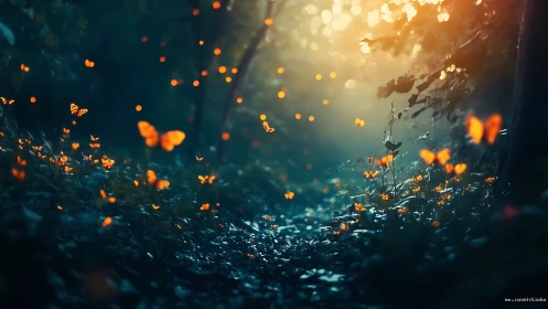 Bioluminescent butterflies drift through a misted forest path