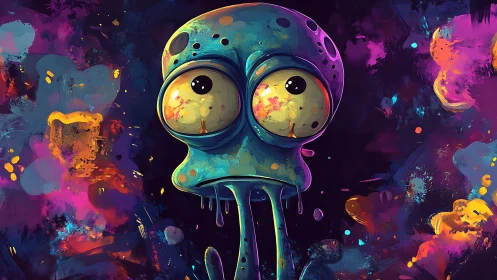 Neon eyed alien drips calmly amid explosive cosmic colors