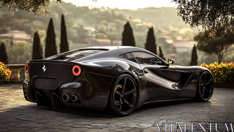 Black sports coupe parked on stone terrace at hillside estate.