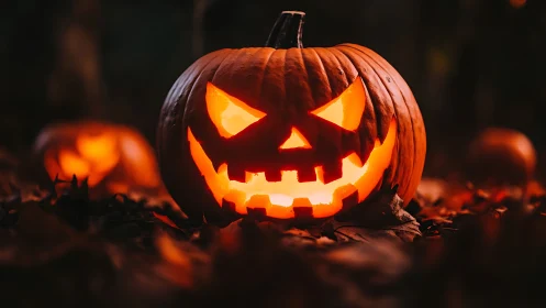 Grinning jack-o’-lantern prowls through autumn leaf shadows