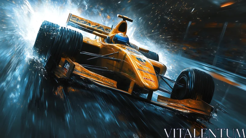 Orange Formula race car powers through wet night circuit.