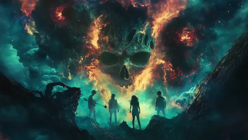 Four silhouetted figures beneath fiery cosmic skull shape.