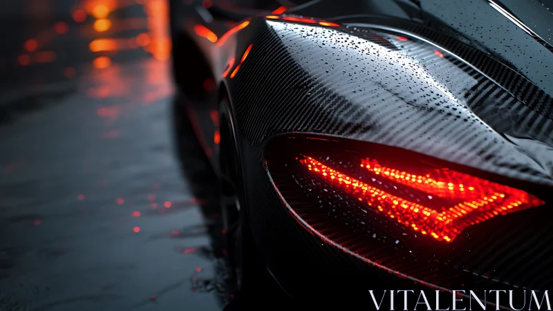 Carbon fiber supercar rear with wet surface and red lights