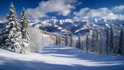Snow-covered pines overlook sunlit mountains and ski run.