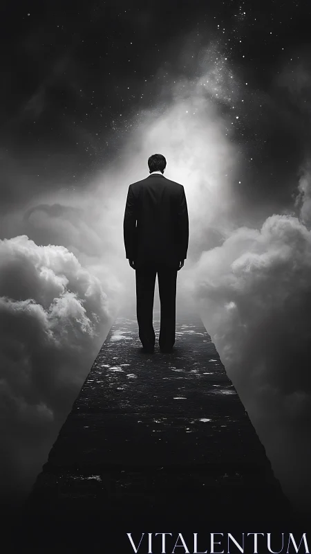 Photorealistic man on celestial walkway in high-contrast chiaroscuro.
