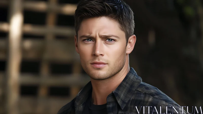 Brooding young man gazes forward in soft outdoor light