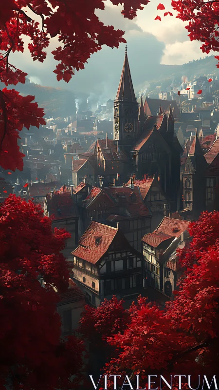 Crimson-canopy village and steepled clocktower in autumn haze.