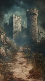 Stormlit stone fortress dominates misty overgrown pathway