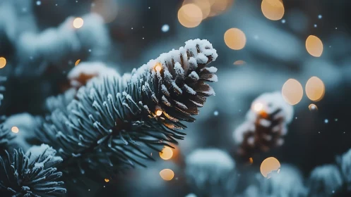 Snow-dusted pinecone glows amid dreamy winter bokeh lights.