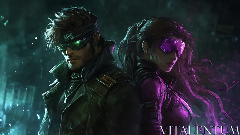 Two cyberpunk fighters stand back to back in neon fog