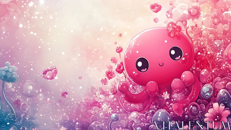 Sweet pink octopus lounging in dreamy bubble garden.