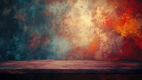 Wooden tabletop set before textured multicolor abstract wall