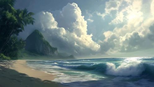 Tropical Beach with Mountain and Storm Clouds.