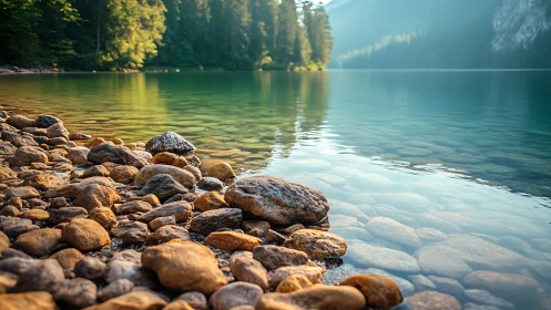 Rocky lakeshore with clear water and forested backdrop.