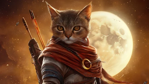 Moonlit feline archer hero in cinematic fantasy portrait.