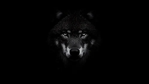 Black wolf emerges from darkness with fierce, focused gaze