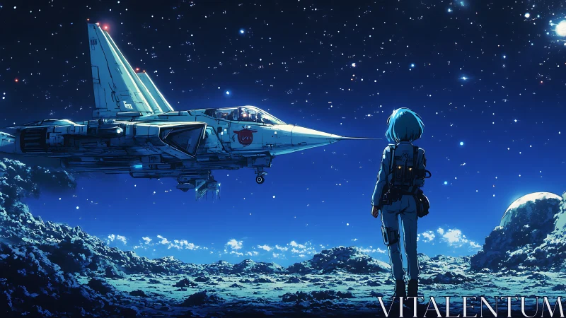 Lone pilot confronting starfighter above frozen alien ridge.