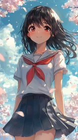Schoolgirl in sailor uniform beneath spring cherry blossoms.