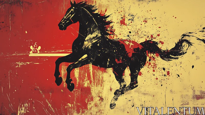 Galloping black horse over red and yellow splatter field.