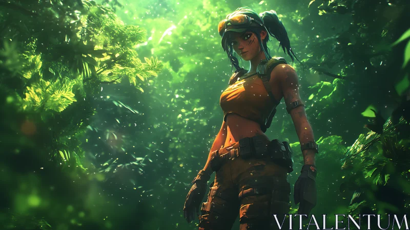 Digital painting of jungle scout heroine in dappled light composition.