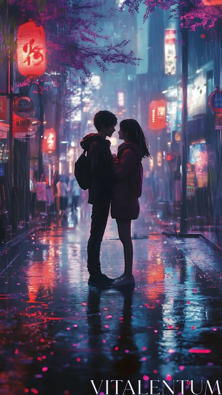 Neon-soaked city street romance under soft night rain.