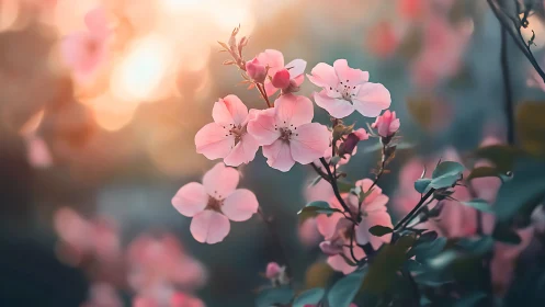 Pink Blossoms Glowing in Soft Golden Sunlight.