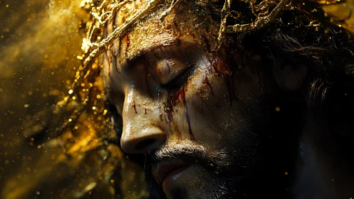 Cinematic close-up portrait dramatizes crowned, wounded face in gold