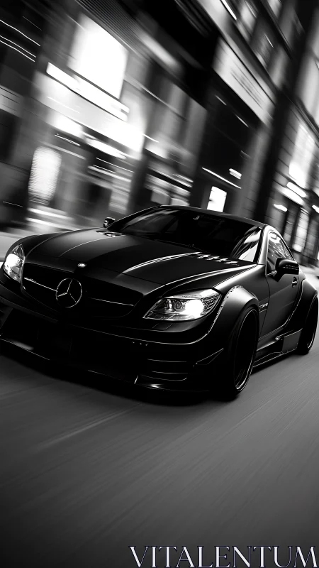 Midnight city streets welcome a sleek black sports car in motion