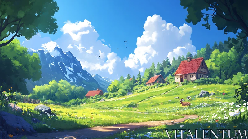 Lush alpine valley landscape with stylized cottages and layered depth