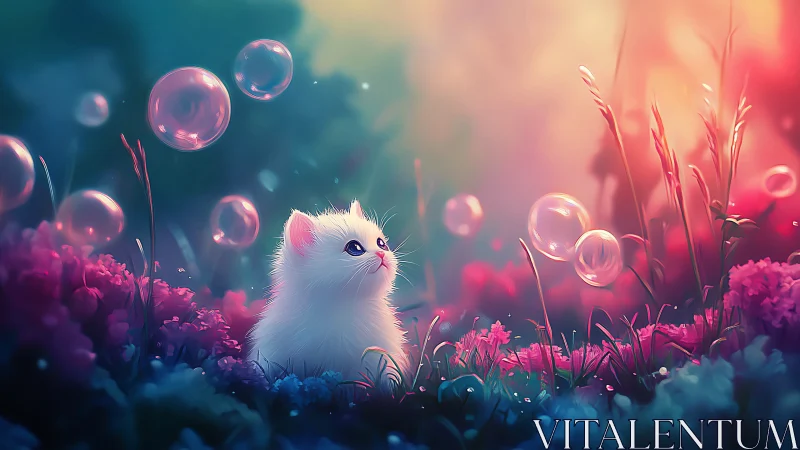 Iridescent kitten studies floating bubbles in prismatic meadow
