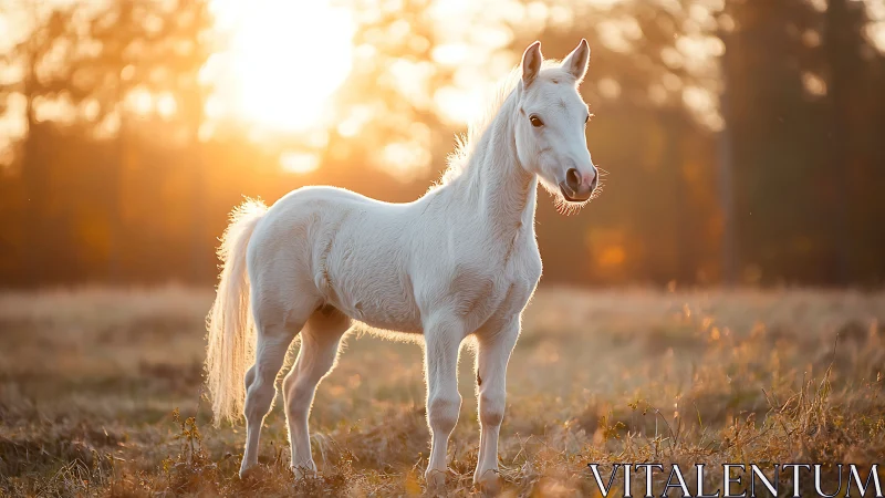 Sunlit white foal pausing in a golden autumn meadow.