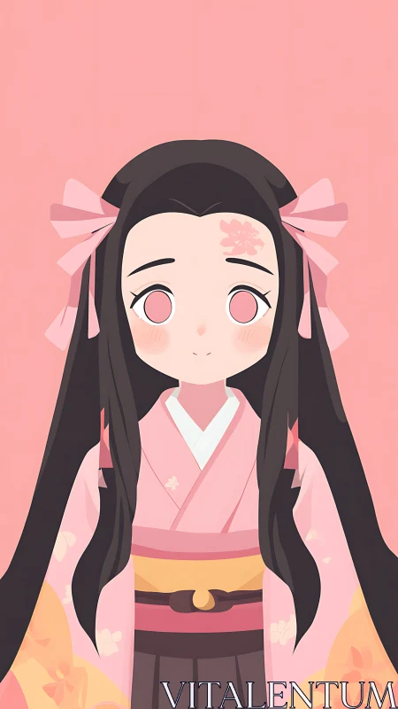 Anime girl in pink kimono on plain monochrome background.
