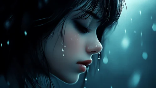 Melancholic profile portrait of girl under cool rainlight