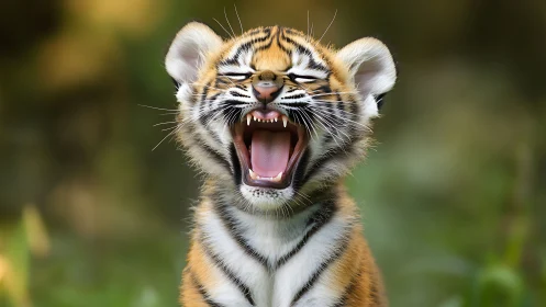 Juvenile tiger yawns mid-frame under shallow depth of field
