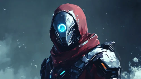 Hooded sci fi robot soldier with glowing blue eye portrait.