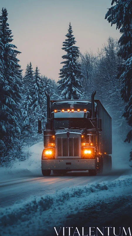 Long-haul semi truck powering through twilight snow forest.