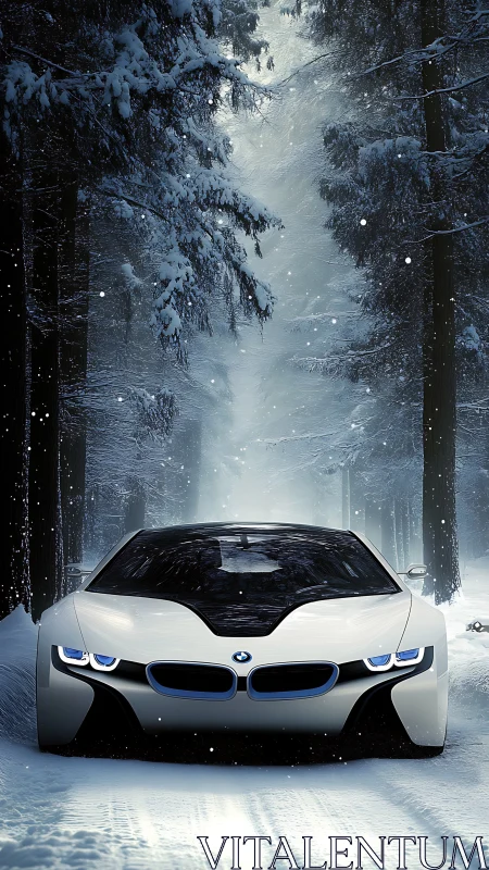 Snowbound electric predator gliding through silent pines.