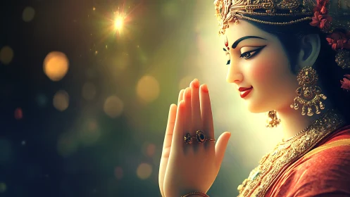 Profile view of ornate female figure posed in prayer