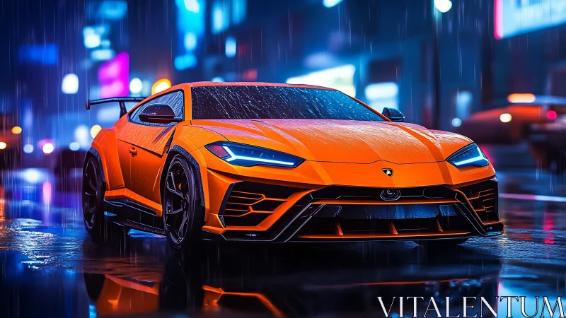 Neon-lit orange supercar render in rainy cyberpunk city street