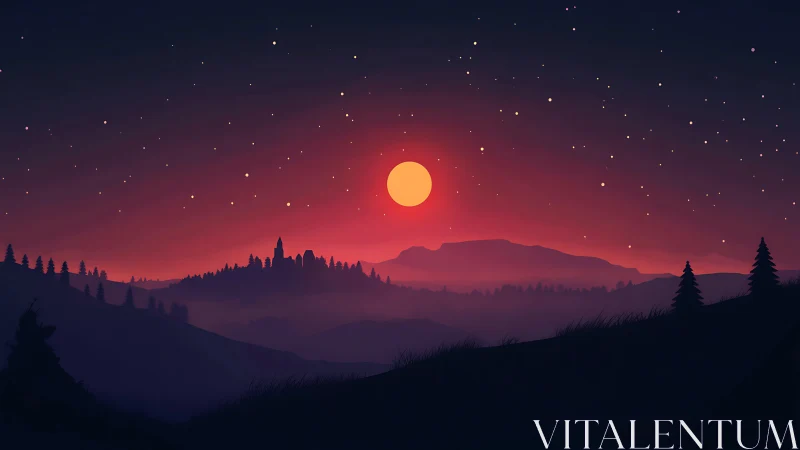 Crimson moon floats above hushed pine valleys and distant peaks