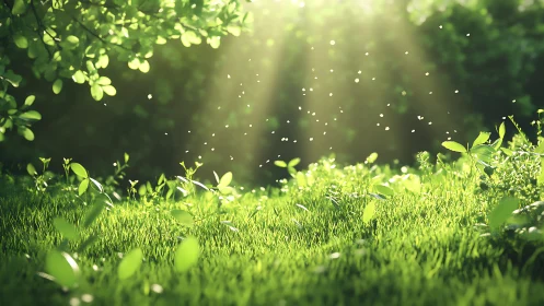 Backlit spring meadow with volumetric sunbeams and insects drifting