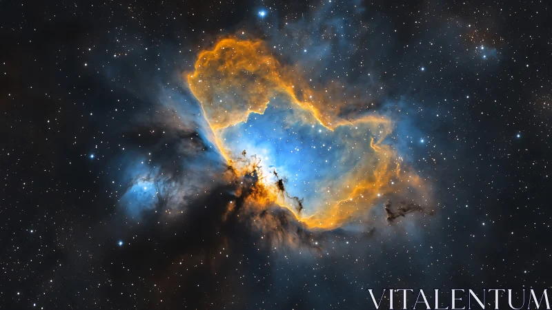 Dreamy blue and gold nebula glowing softly in deep space.